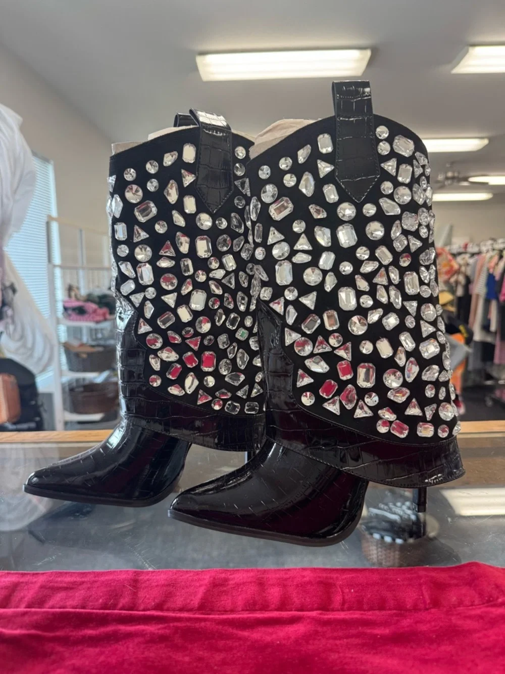 Lauren Lorraine Black Jeweled Patent Croc Mid-Calf Boots - Picture 3 of 7
